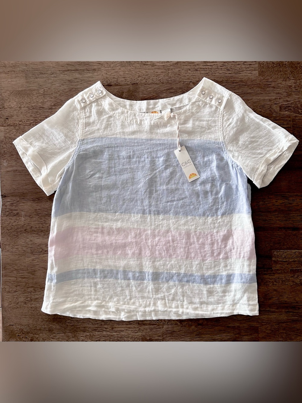 C&C California Short Sleeve Linen Tee in White, Light Blue & Pink Stripes